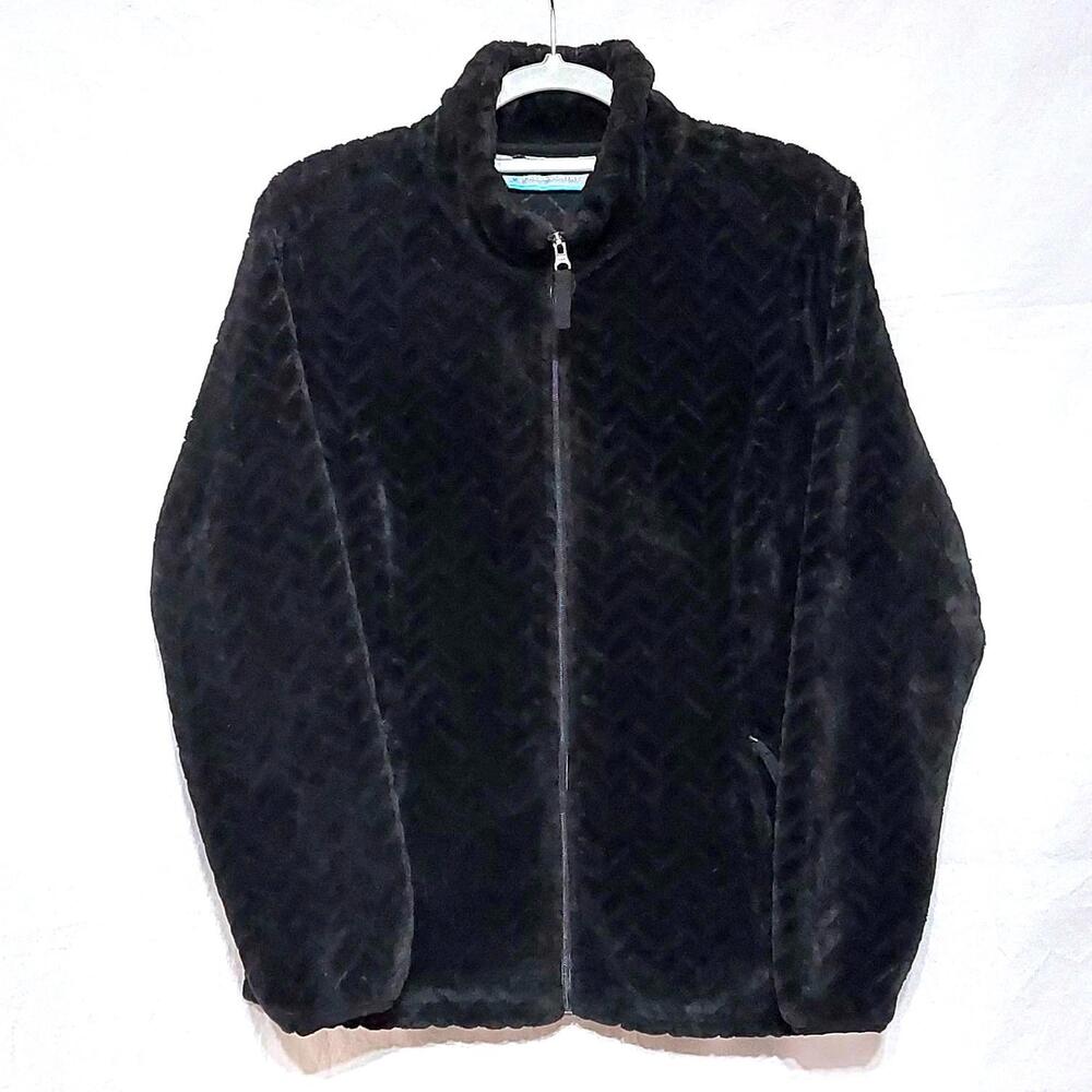 Free Country Black Faux Fur Fleece Jacket Womens Large Chevron Texture Full Zip‎